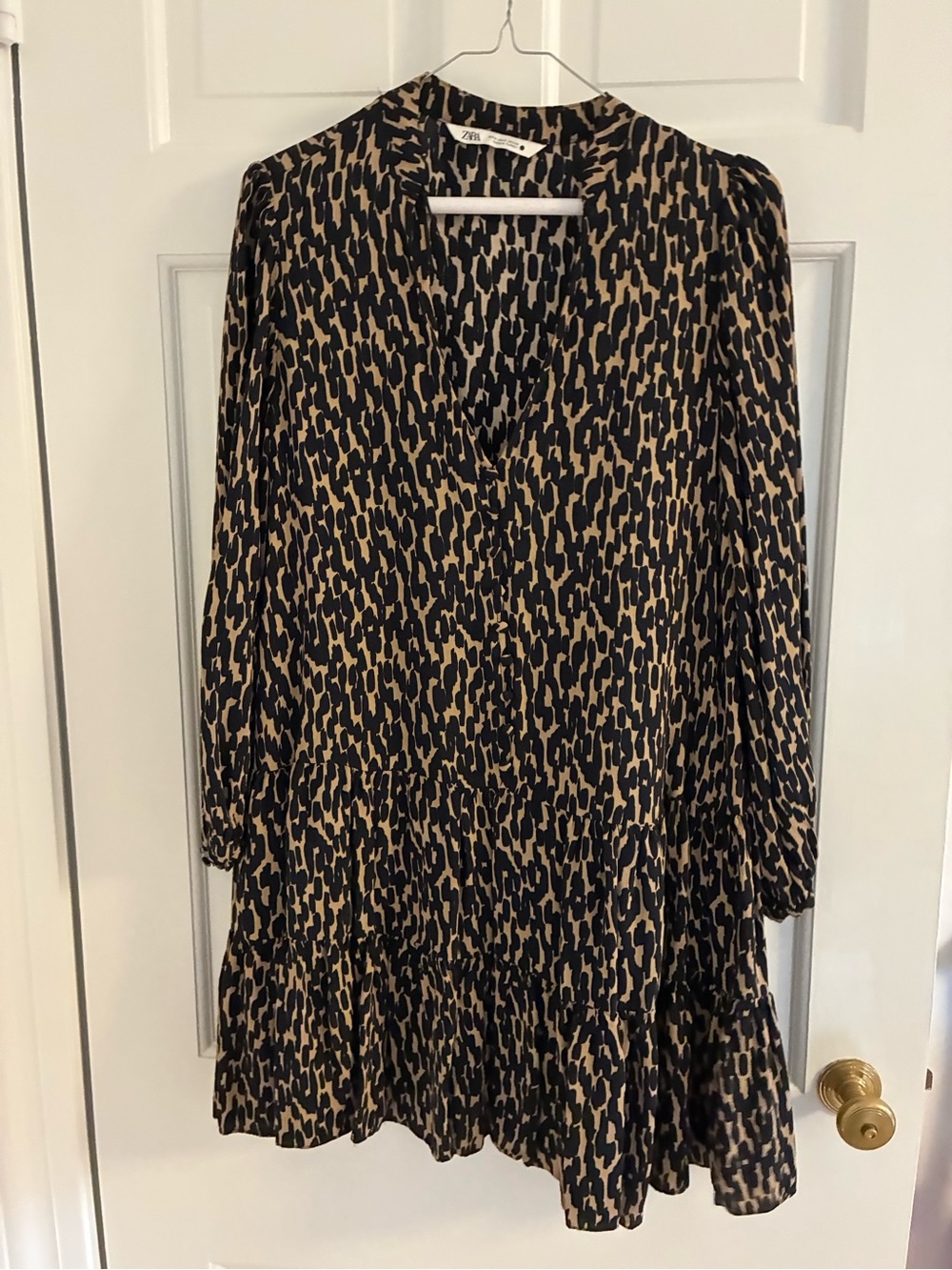Zara Black and Tan Printed Long Sleeve Tiered Dress